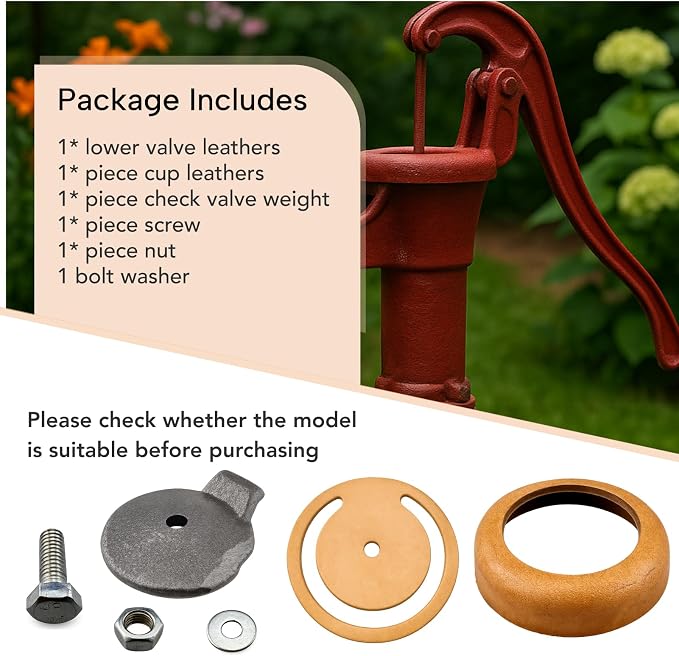 Pitcher Pump Repair Kit and Well Parts Set Fit for Simmons 1160/PM500 & No. 2 Hand Pumps 3 1/2 inch Lower Valve Leather with Pitcher Pump Cup Leathers, Check Valve Weight and Maintenance