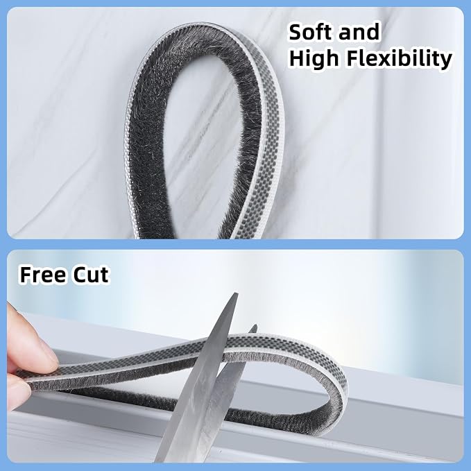 Pile Weather Stripping Brush Seal Strip for Door Window Gap 0.4 x 0.4in x 66FT Self Adhesive Draft Stopper Soundproof Insulation Weather Seal Strip for Interior Sliding Glass Door Garage Door