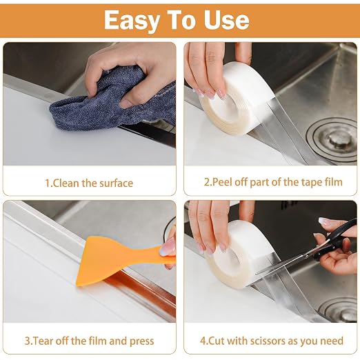 Fixmend Clear Caulk Tape, 2 Roll Self Adhesive Caulk Strip Waterproof, Caulking Sealant Tape for Kitchen, Countertop, Bathroom, Sink, Shower, Bathtub, Toilet Edge Protector with Sealing Tool