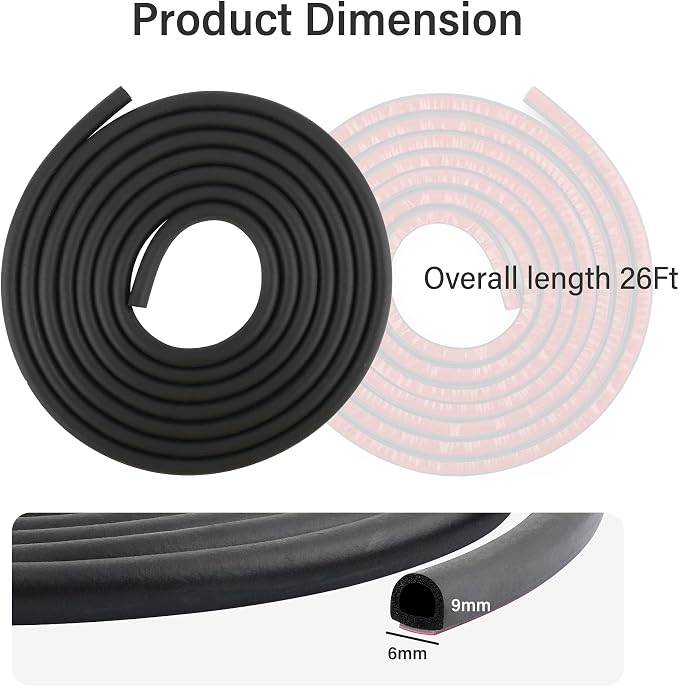 26Ft Automotive Weather Stripping,D-Type Car Door Seal Strip Fits for Doors Hoods Trunk Lids,Universal Self Adhesive Car Weather Stripping Car Accessories for Most Trucks (26Ft)