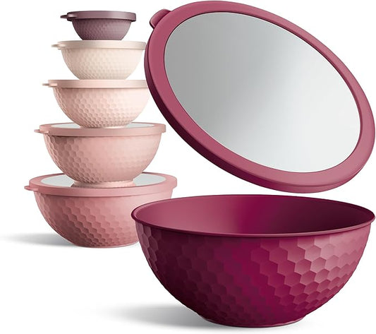 COOK WITH COLOR Mixing Bowls with Lids - 12 Piece Plastic Nesting Bowls Set includes 6 Prep Bowls and 6 Lids, Microwave Safe Mixing Bowl Set, Rose Embossed