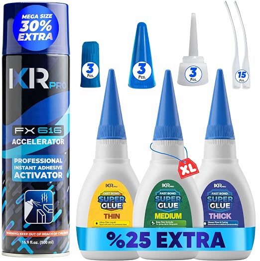 CA Glue with Activator Kit – 3 x 1.75 oz (Thin, Medium, Thick) + 16.9 fl oz Accelerator Spray, Cyanoacrylate Super Glue for Woodworking, 3D Printing, Plastic, Guitar Repair & Hobby Projects