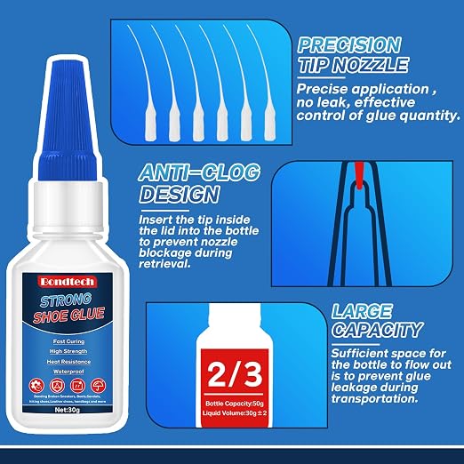 Shoe Glue, Sole Repair Instant, for Rubber Soles, Boots, Sneakers, Sandals, Leathers, Handbags and More, Clear, with Anti-Clog Cap, Waterproof (Clear, 30 Grams * 1 Pack, Shoe Glue)