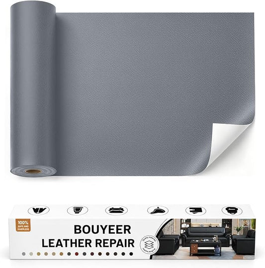 BOUYEER Leather Repair Patch Tape Kit,Self Adhesive Leather Repair for Sofa，Car Seat,Office Chair,Furniture,Jacket,Waterproof Strong Adhesive Vinyl Repair Kit. 17 in x 79 in,Fine Grained Gray