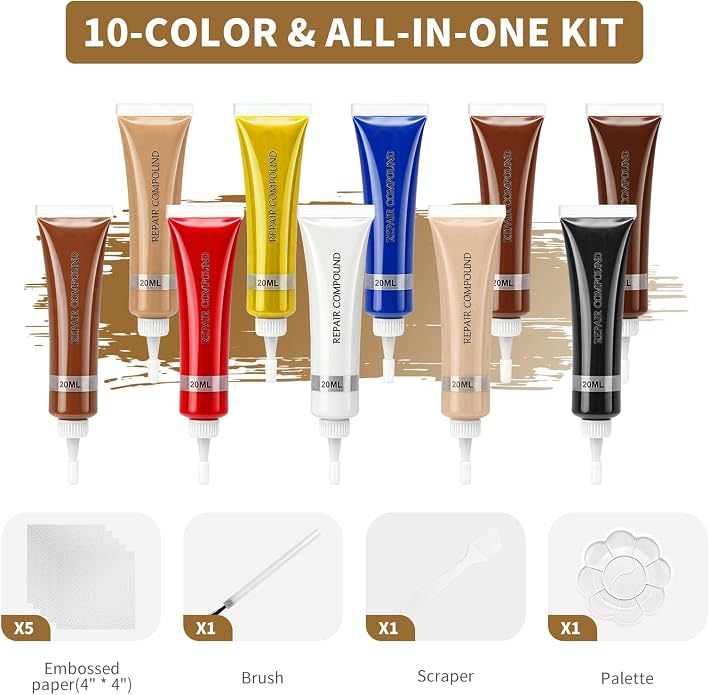 Leather Repair Kit for Furniture, Sofa, Jacket, Car Seats & Purse, 10 Color Vinyl Repair Kit with Easy Instructions to Match More Color, Restore Tears, Scratches on Genuine, Bonded Leather