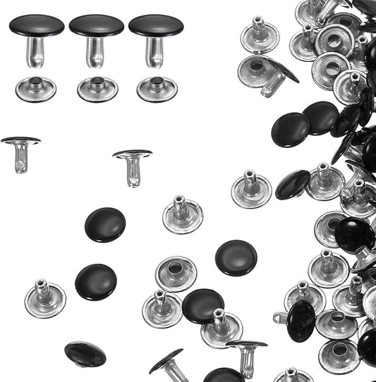 HARFINGTON 100 Sets Double Cap Leather Rivets, 10x10mm Round Cap Tubular Metal Studs Leather Crafting Rivets for Fabric Belt Pet Collar Boot Bag Repair and Decoration, Black