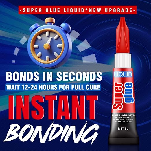 3 Gram (Pack of 6) Single Use Super Glue Liquid, Super Fast, Thin & Strong Adhesive Superglue, Cyanoacrylate Glue for Hard Plastics, DIY Craft, Ceramics, Leather, Metal Etc