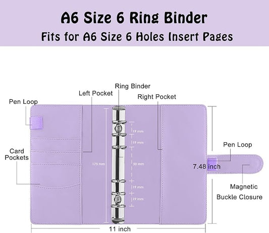 Antner A6 PU Leather Notebook Binder - Refillable 6 Ring for A6 Filler Paper, Loose Leaf Personal Planner Cover With Magnetic Buckle Closure, Purple