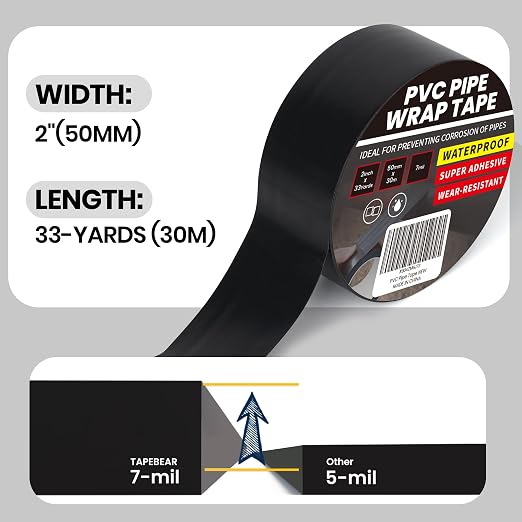 TAPEBEAR Corrosion Protection PVC Pipe Tape, 2Inch x 33Yard Black Duct Pipe Wrap Waterproof Corrugated Pipe Tape for Drain Tile, Metal Electrical Outdoor Underground Water Hose Pipe, 7mil Thick