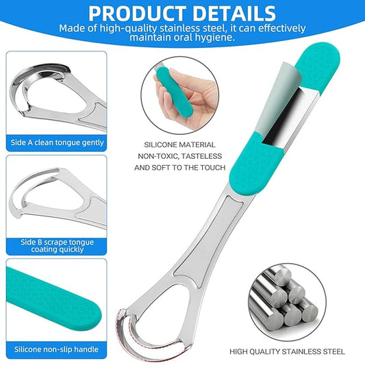 Stainless Steel Tongue Scraper for Adults, Double-Layer Tongue Cleaner for Bad Breath, Silicone Handle, Wide-Head Design, Dental Kit Oral Care Tools, Scrappers Tool (1 PCS)