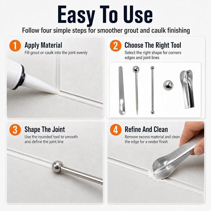 2 Sets Stainless Steel Caulking Tool Kit, Grout Finishing Tools for Tile Joints, Corners, Edges and Bathroom Seams, Reusable Caulk Removal and Smoothing Tools for Kitchen Bathroom Floor