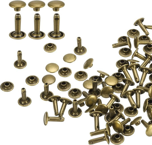 HARFINGTON 100 Sets Double Cap Leather Rivets, 9x12mm Round Cap Tubular Metal Studs Leather Crafting Rivets for Fabric Belt Pet Collar Boot Bag Repair and Decoration, Bronze