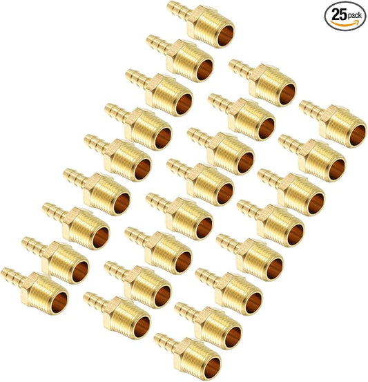 Pack of 25 Brass Hose Barbs Fittings 5/16" Hose Barbs to 3/8" NPT Male Fittings for Home Machines, Massage Bathtubs, and Irrigation Systems
