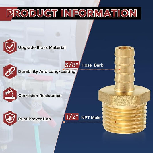 Pack of 8 Brass Hose Barb Fittings 3/8" Hose Barb to 1/2" NPT Male Fittings