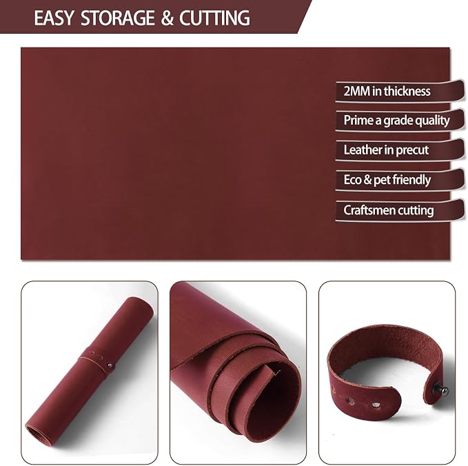 RingSun 6''X12'' Red Leather Sheets for Crafts (3mm), Full Grain Leather Tooling Leather
