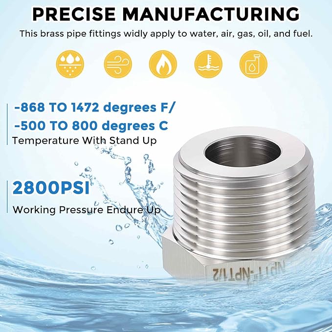 Packs of 6, 3/4" Male NPT NPT3/8" FeMale NPT Solid 304 Stainless Steel Hex Bushing, Hose Fittings Adapter Reducer for Bathroom Remodel, Tool Extensions