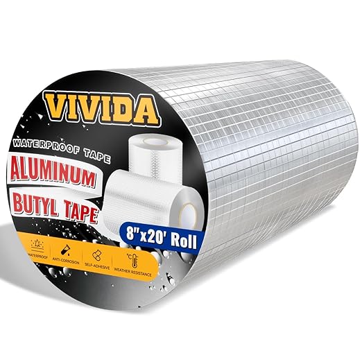 VIVIDA Aluminum Butyl Tape 8" × 20', Waterproof Aluminum Foil Butyl Sealing Tape for Outdoor Use, Corrosion Resistant, Repair for Metal Roof, RV, Windows, 1 Roll