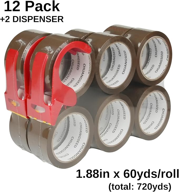 12-Pack Brown Packing Tape with 2 Dispenser, 2.4 Mil 1.88 Inch x 60 Yards, Total 720yds, 12 Refills Rolls Packaging Tape for Moving, Shipping and Storage