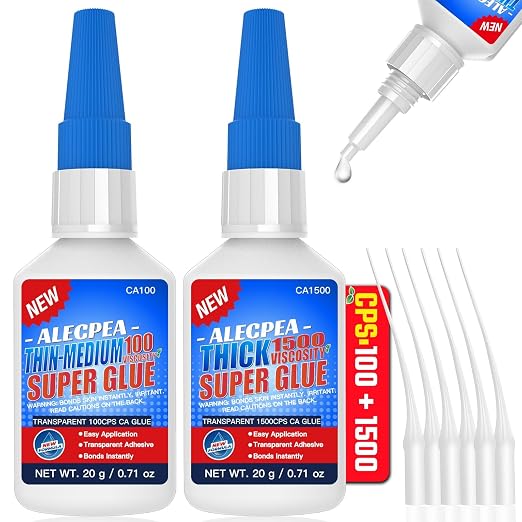 40g(1.4oz) 100/1500 CPS (Thin/Thick) CA Glue, Cyanoacrylate Super Glue for Wood, Glass, Metal, Paper, Leather, Plastic, Ceramic, Rubber, Jewelry, Woodworking, Hobby Models, and Craft Project