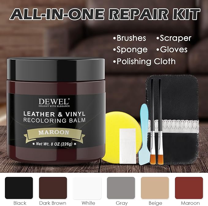 DEWEL Leather Recoloring Balm, Maroon Leather Color Restorer for Scratched and Faded, Leather Scratch Remover, Upgrade Leather Repair Kit for Restore Couches, Car Seats, Shoes, Boots