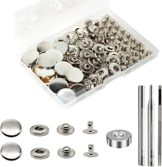 BetterJonny 24 Sets Heavy Duty Leather Snap Fasteners Kit, 20mm Metal Snap Buttons Press Studs Leather Rivets Snaps with 4 Setter Tools for Clothes Bracelet Jackets Jeans Silver