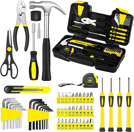 58-Piece Yellow Tool Kit | Basic Home Repair & General Household Hand Kit | Small Tool Set with Plastic Storage Toolbox for Home, Office, College & DIY Repairs