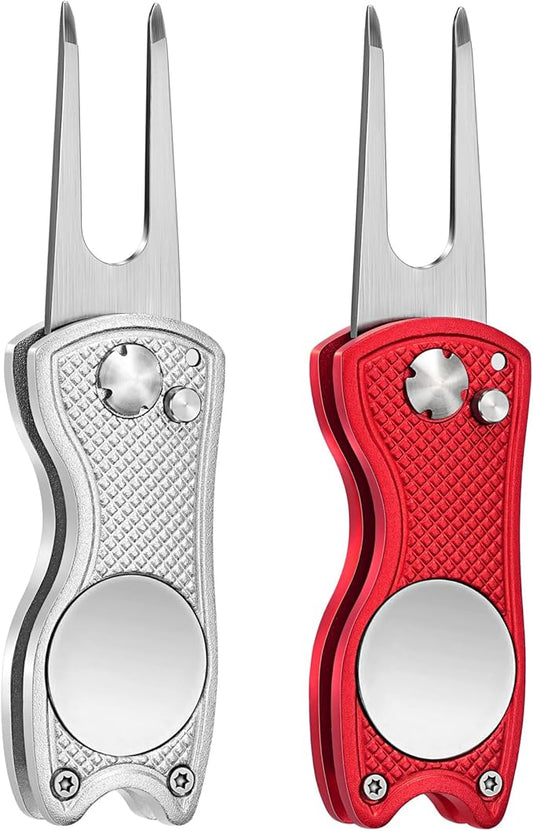 Mile High Life Golf Divot Repair Tool, All Metal Foldable Divot Tool with Pop-up Button & Magnetic Ball Marker, 2-6 Pack