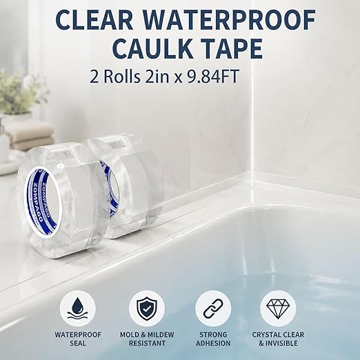 ZOMPAGO Caulk Tape 2Roll,2in x 9.84FT Clear Waterproof Self Adhesive Caulking Tape Peel and Stick Caulk Strip for Bathroom Bathtub Toilet Kitchen Vanity Stain Resistant
