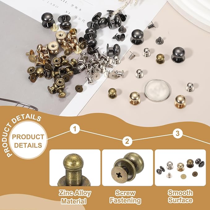PATIKIL 4 mm Leather Rivets, 20 Sets Ball Head Stud Screw Back Round Head Button Chicago Screw Nipple Stud Rivet for Leather DIY Craft Handbag Belt Repairs, Bronze