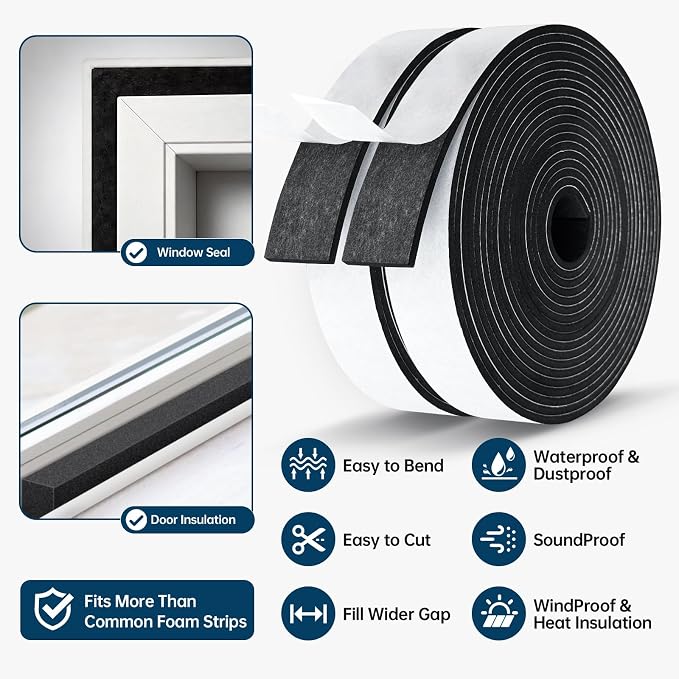 Single Sided Foam Tape Heavy Duty Waterproof, 2 Inch Wide x 1/4 Inch Thick EVA Foam Insulation Tape, Black Weather Stripping for Doors and AC Windows Seal, Soundproof 16.5ft