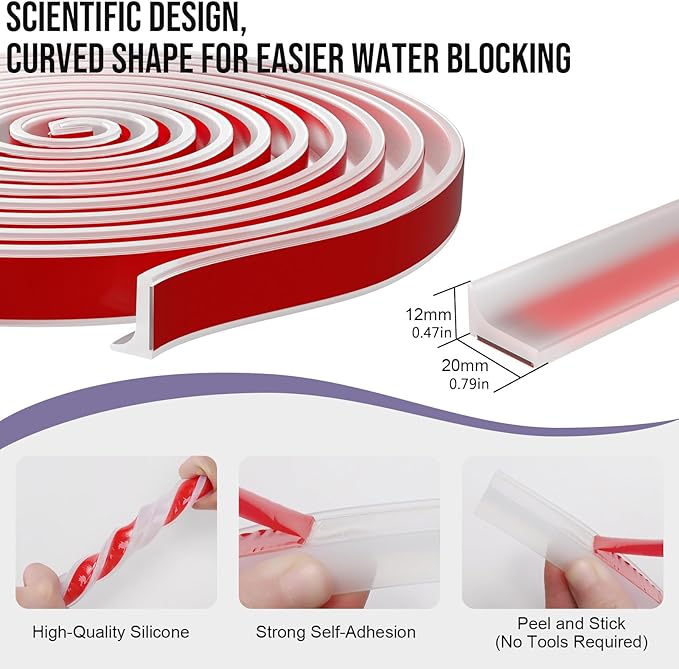 Shower Threshold Water Dam Barrier - Versatile, Silicone Shower Water Guard Stopper Seal Strip for Bathroom Floor, Bathtub Rim, Kitchen Countertop (Transparent, 59 In/ 1.5M)