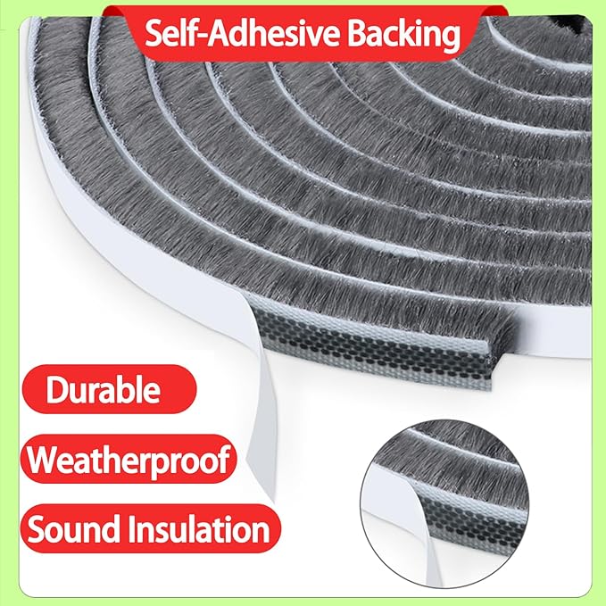 ZOMPAGO Strong Adhesive Brush Weather Stripping 2 Rolls 0.6in (T）x 0.4in (W) x 33FT, Door Seal for Sliding Windows & Doors,Soundproof Noise Blocker,Draft Stopper for Garage Door Frame & Exterior Doors