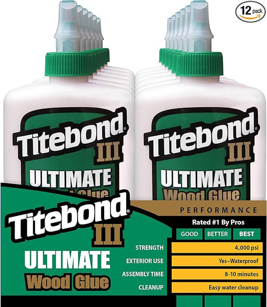 Titebond III Ultimate Wood Glue 8 Oz. (12 Pack) – Premium Professional Woodworking Adhesive, Waterproof, Strong Initial Tack, Interior/Exterior Use, Easy Water Cleanup – 1413