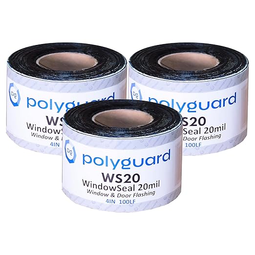 POLYGUARD WindowSeal Window and Door Flashing Tape, 4 in x 100 ft Roll, 20 mil Thick, Self-Sealing & Self-Adhering Waterproof Barrier, Pack of 3