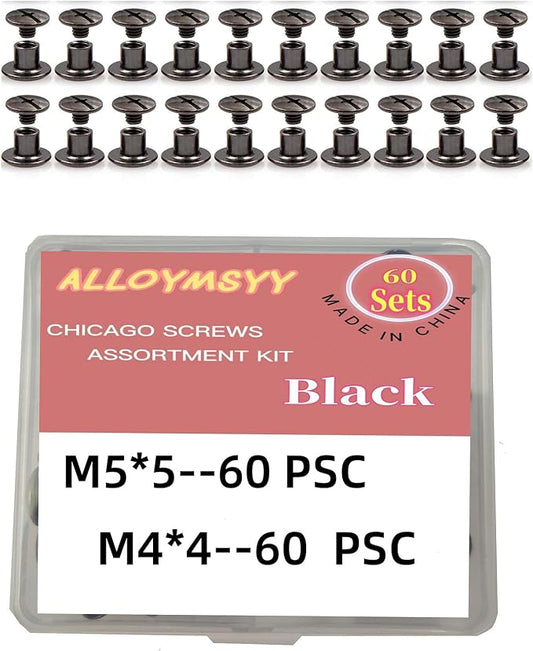 60 Sets M5*5mm Gun Black Leather Rivets Screws Rivets Chicago Binding Screws Adjust and Repair Leather Craft Belts, Bags, Shoes, Purse Bindings