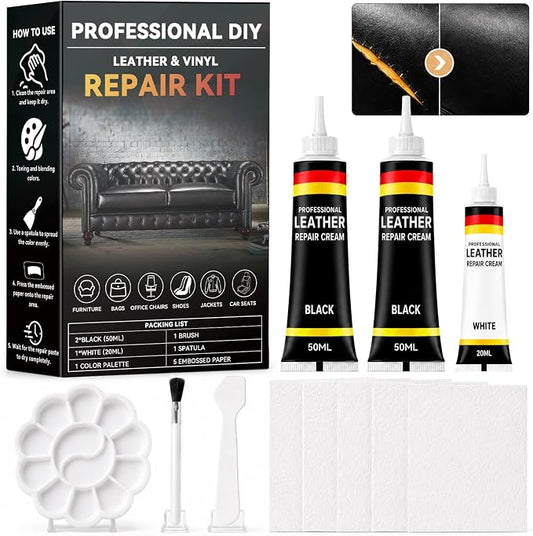 Black Leather Repair Kit, Vinyl Repair Kit Repairs Scratches, Cracks, Holes on Car Interiors, Furniture, Jacket, Sofa, Car Seat, Couch, Purse, Faux, Genuine Leather with Super Easy Instructions