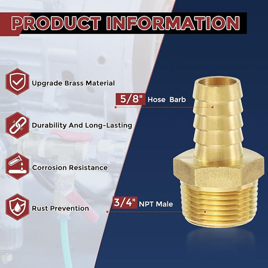 Pack of 1 Brass Hose Barb Fittings Adapter Connector 5/8" Hose Barb to 3/4" NPT Male Fittings for Home Machines, Massage Bathtubs, and Irrigation Systems