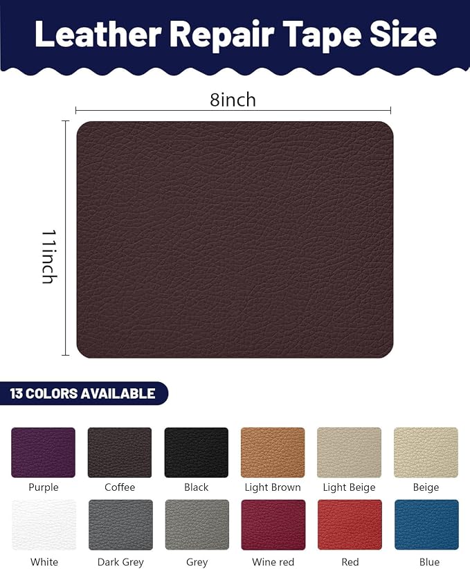 Leather Repair Patch Tape Kit,Self Adhesive Leather Repair for Sofa，Car Seat,Office Chair,Furniture,Jacket,Waterproof Strong Adhesive Vinyl Repair Kit. 8 in x 11 in,Dark Brown