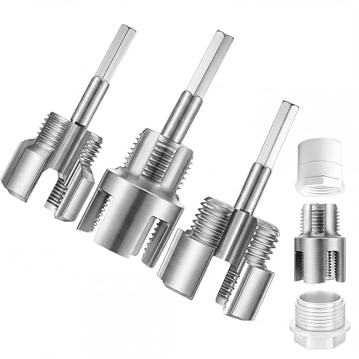 3 Pcs Pipe Thread Cutting Tool Integrated Internal & External Pipe Threading Tool Electric Drill Compatible PVC Tube Threader Kit, 1/2", 3/4", 1'' Tube Sizes Rethreading Kit(3 Sizes, Silver)