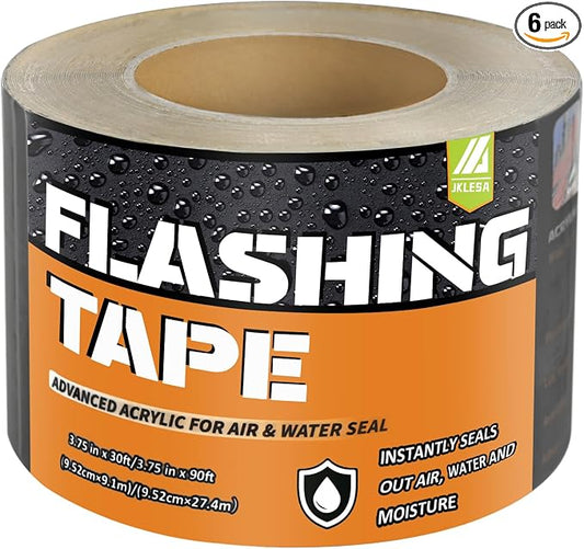 Flashing Tape for Windows and Doors, 3.75 in x 90 ft, 6 Rolls, Acrylic Adhesive, Self-Adhesive Flashing Tape, Waterproof, UV Resistant, Great for Sealing Doors, Windows, and Construction & Repairs
