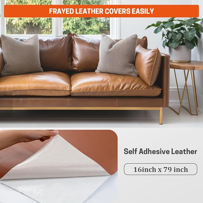 16" x 79" Leather Repair Patch Tape, Self-Adhesive Faux Leather Roll for Furniture, Waterproof Vinyl Upholstery Repair for Car Seats, Couches, Chairs and Jackets (5 Colors Availabl (Light Brown)