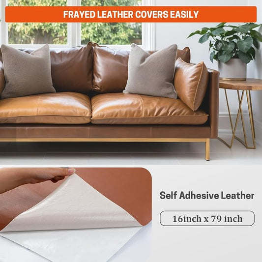 16" x 79" Leather Repair Patch Tape, Self-Adhesive Faux Leather Roll for Furniture, Waterproof Vinyl Upholstery Repair for Car Seats, Couches, Chairs and Jackets (5 Colors Availabl (Light Brown)