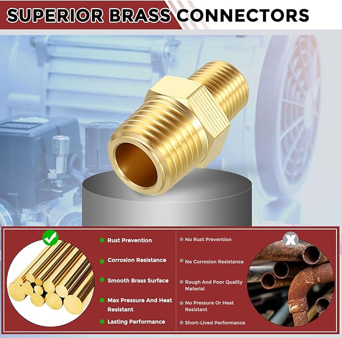 Pack of 2, 1/4" MNPT to 1/8" MNPT Solid Brass Hex Nipple Hose Connectors, Male Pipe Adapter for Pipe Leak Repair, Bathroom Remodeling, Tool Extensions, Compression