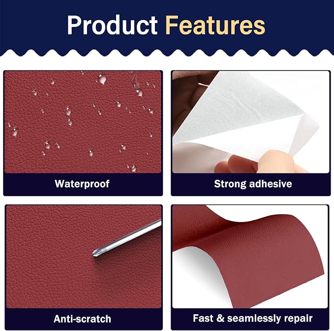 Zenyao Leather Repair Patch Tape - Self Adhesive Leather Repair Kit for Car Seat Furniture, Heavy Duty Vinyl Repair Patch for Couch Sofa, Waterproof for Rips Scratches Tears, 16x30 Inch Roll, Red