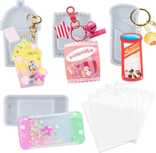 Resin Shaker Molds Set Charms Pendant Jewelry Making Supplies, Drinking Cup, Handheld Game, Chips, Candy 4 Silicone Trays with 5 Seal Films Larger 3inch