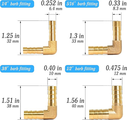 Brass Hose 90 Degree L Right Angle elbow Barb 1/4" 5/16" 3/8" 1/2" Splicer Mender Assortment Kits with Stainless Steel Pipe Clamps air hose repair kit for Gas/Fuel/Air