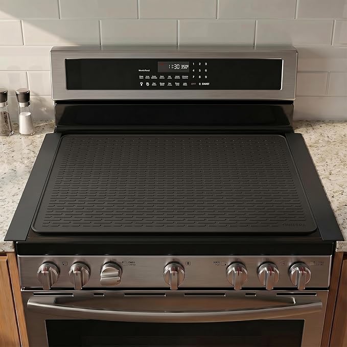 Silicone Stove Gap Covers with Stainless Steel, Oven Gap Filler Seals Gaps Between Stovetop and Counter, Stove Gap Guards Range Trim Kit, Easy to Clean Stove Gap Guard (Black 2 Pack,25"with mat)
