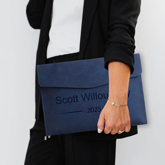 Customized A4 File Folder Expandable File Organizer,Personalized Name PU Leather Envelope Holder for Work、School、Home、Office (Blue)