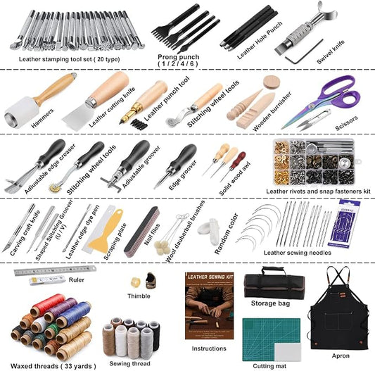 Tikjiua 456Pcs Leather Working Tools with Apron and Tooling Bag, Leather Craft Kit with Tools for Stamping, Carving, Sewing, Beveling, Cutting, Crafting