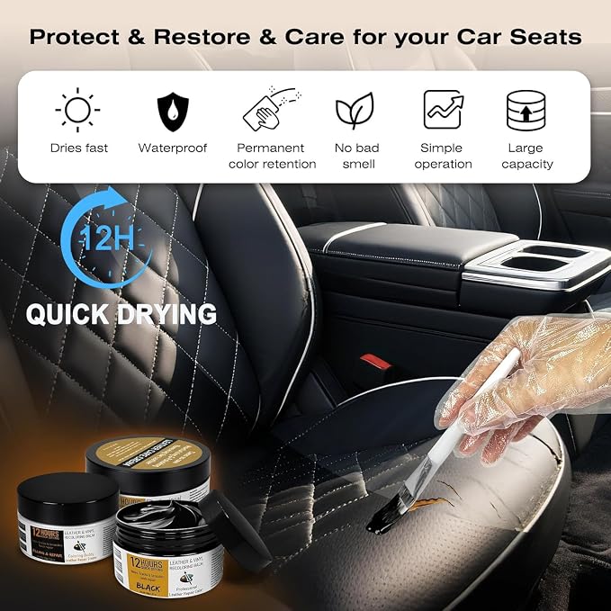 12H Quick-Dry Leather Repair Kit with 3.53Oz Gray Leather Recoloring Balm, Filler & 4.23Oz Care Cream, 3-in-1 Vinyl Repair Set for Sofa, Car Seats, Jackets, Purses, Shoes, Faux Leather and More